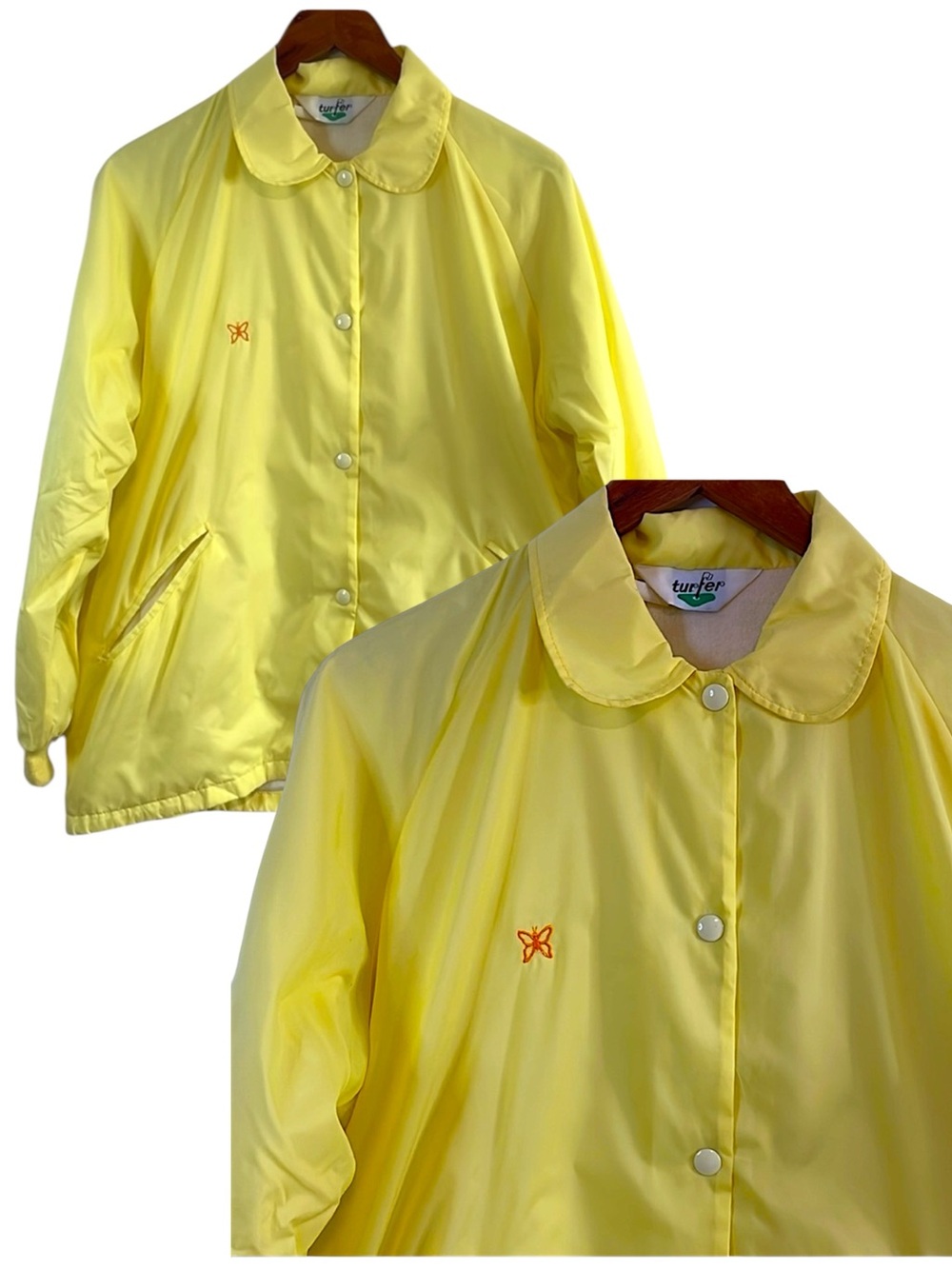🦋VTG Turfer Butterfly Jacket Large Yellow Nylon Pockets Button Collar Coat Rain